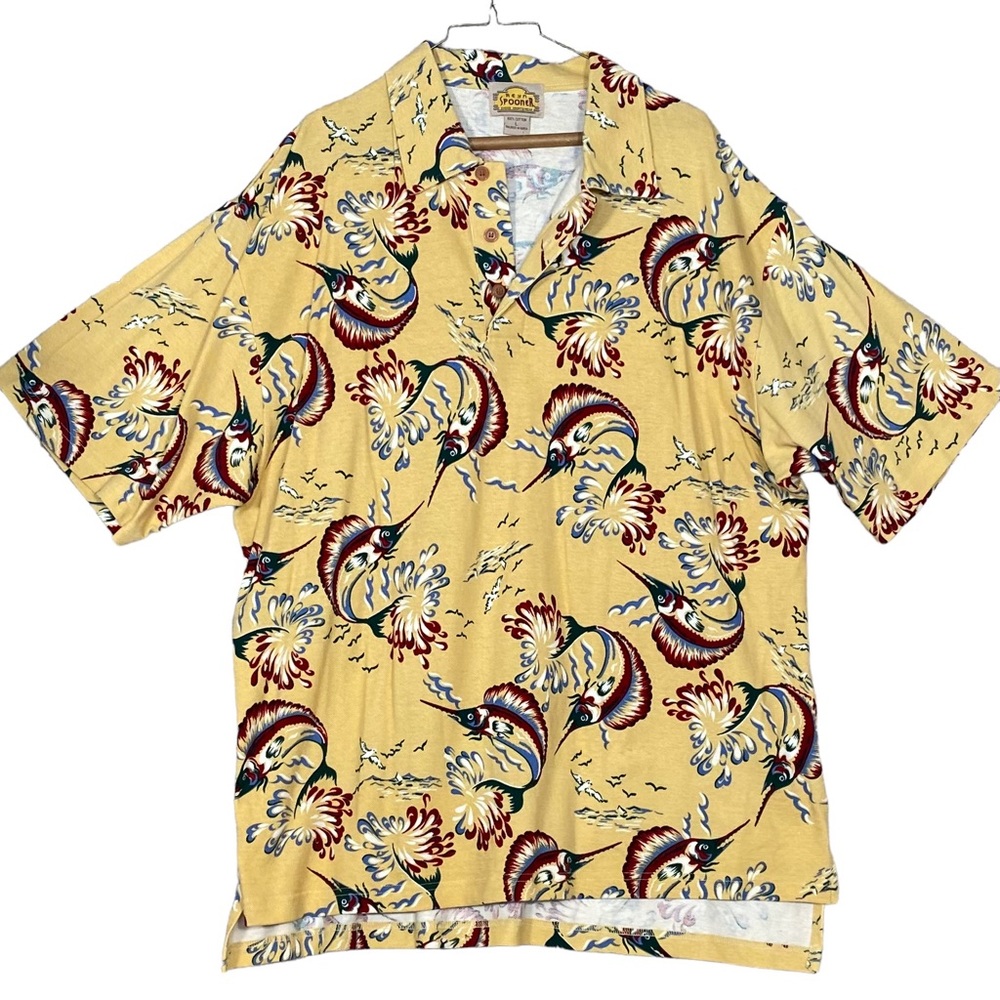 Reyn Spooner Polo Yellow Fish/Fishing Hawaiian Print 100% Cotton Size L